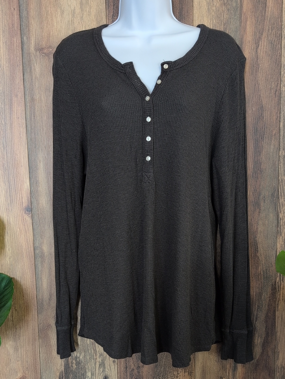 aerie Black Real Soft Long Sleeve Henley  Waffle Knit Top XXL         W305